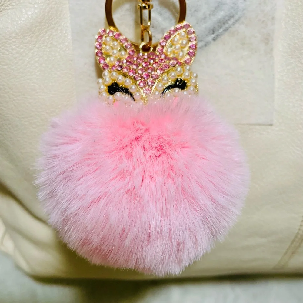 Bag Charm or Key Chain Pink Rhinestone and Pearl Fox with Pom Pom, NWOT - Picture 1 of 4